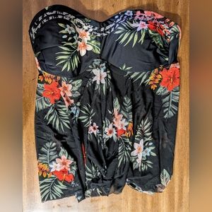 [Kona Sol] Floral Removable Tie Strap Mesh Bodice Contrast Trim Swim Top